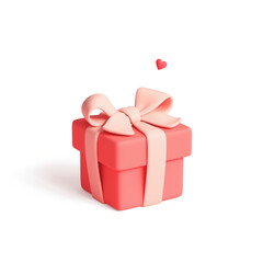 Simple kawaii red gift box wrapped with bow, ribbon for cozy Valentine's Day celebration. Concept art romantic cute gift for anniversary, birthday, women's day, Christmas. 3d render white background.