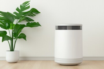 Furnace filters indoor air. A sleek air purifier stands next to a vibrant green plant, enhancing a modern, minimalist indoor space.