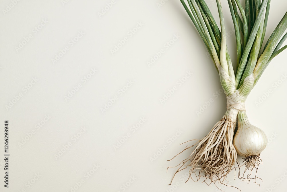 Poster fresh spring onion with roots and green stalks on clean background for culinary arts