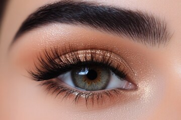Fototapeta premium Close-up of a woman's eye with bronze eyeshadow and full lashes. Ideal for beauty, cosmetics, and makeup websites.