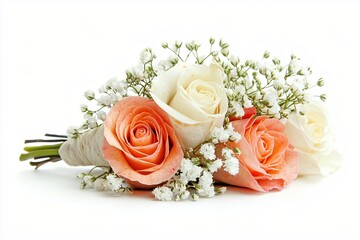 Obraz premium Elegant roses and baby breath flower arrangement on white background romantic floral design