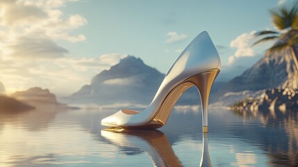 Elegant high heel shoe on reflective water with tropical mountain scenery
