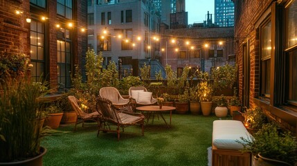 Obraz premium Evening rooftop patio, string lights, plants, seating.