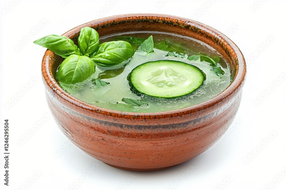 Poster refreshing cucumber basil soup in rustic bowl a culinary delight for healthy eating
