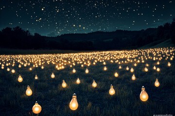 Bright glowing bulbs illuminate a vast field under a starry sky at night in a serene landscape