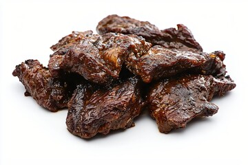 Pile of Delicious Brown Glazed Beef Bites on White Background Ready to Eat Appetizing Food
