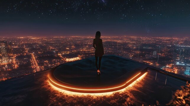 Woman admires illuminated cityscape at night.