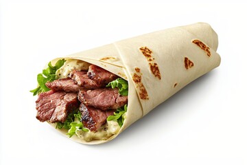 Delicious steak wrap with fresh arugula and creamy sauce on a bright white background