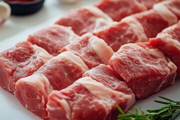 Freshly cut pork pieces arranged neatly on a white surface ready for cooking or preparation in a modern kitchen setting