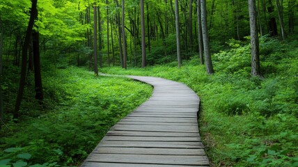 Serene wooden pathway winding through lush green forest