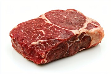 Obraz premium Fresh raw ribeye steak cut with marbling on white surface for gourmet food preparation