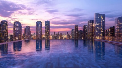 Fototapeta premium City skyline reflected in rooftop pool at dusk.