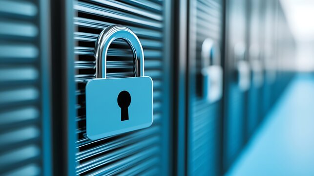 Close-up of a metallic padlock on a secure server cabinet showcasing cybersecurity and data protection concepts