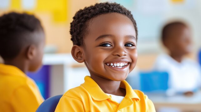 Young boy in a classroom smiles joyfully during a learning activity with classmates at a bright and engaging school environment