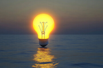 Bright bulb shaped like the sun rising over calm ocean waters at dusk