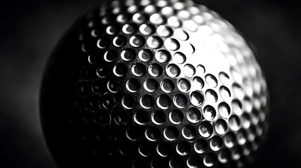 Close-up golf ball, dimples, dark background, sport
