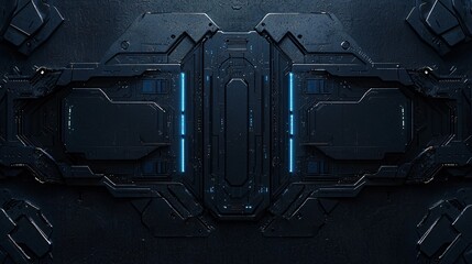 Intricate Dark Metal Structure Panels with Fluorescent Blue Accents Industrial Futuristic Design.