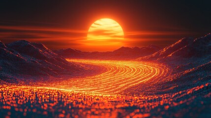 Fiery sunset over glowing, winding path in a mountainous landscape.