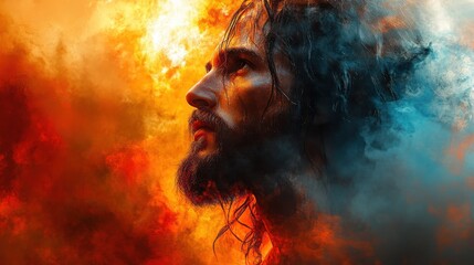 portrait of jesus christ in the fire digital watercolor painting