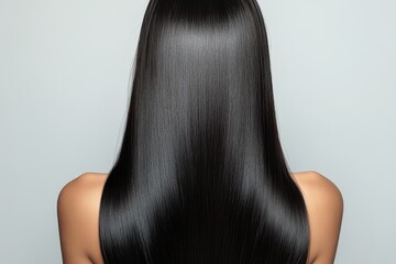 Long, shiny black hair cascading down the back of a woman against a simple, light background highlighting the sleek texture and natural gloss of her locks