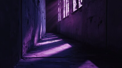 Obraz premium Mysterious purple hallway with light coming through old window frames