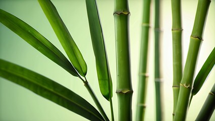 Fototapeta premium Vivid green bamboo leaves illuminated by soft light, evoking a serene and natural ambiance. Great for nature, eco-friendly designs, and backgrounds emphasizing tranquility and freshness