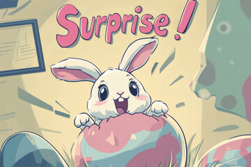 Cute cartoon bunny popping out of a decorated Easter egg, surprising everyone with its sudden appearance