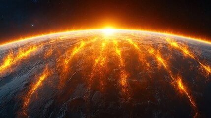Obraz premium Fiery sunrise over burning planet Earth.
