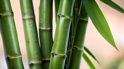 Obraz premium Vibrant bamboo stalks with lush green leaves evoke feelings of vitality. The close-up composition highlights the organic textures and natural curves of the stems, emphasizing themes of nature's beauty
