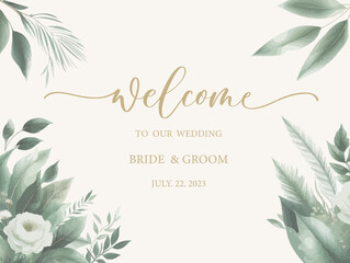 Welcome wedding sign. Calligraphy with green watercolor botanical leaves. Abstract floral art background vector design for wedding invitation and vip cover template.