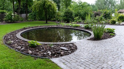 Obraz premium Circular garden pond, stone path, lush greenery. Landscaping design