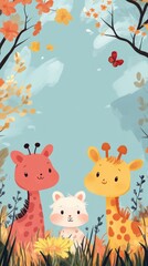 Colorful cartoon animals in a whimsical forest setting during autumn with flowers and butterflies all around them