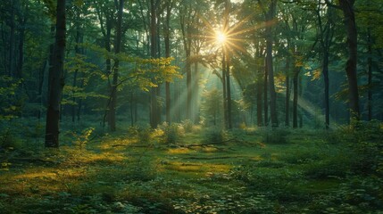 Sunlight filtering through a lush forest, creating a serene atmosphere with vibrant greenery
