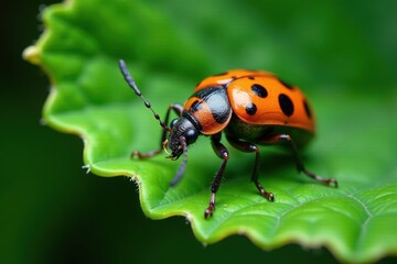 Naklejka premium Small oriental beetle resting on a dry green leaf, insect anatomy, insect detail