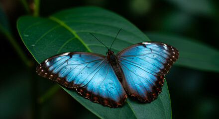 A vibrant Blue Morpho butterfly with iridescent wings perched on a dark green leaf, captured in stunning macro photography detail