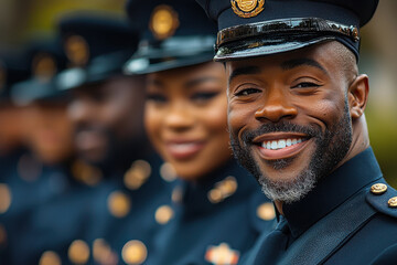 Smiling police officers participate in a formal event showcasing community support in a vibrant urban setting