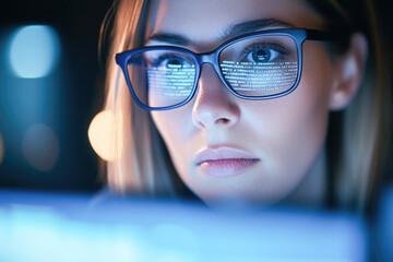 Focused female programmer analyzing code on her screen, with reflections of programming scripts in her glasses. 