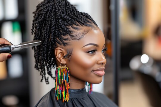 Hairdresser using a tail comb is styling the braids of a beautiful smiling african american woman wearing colorful earrings while getting her hair done in a hair salon