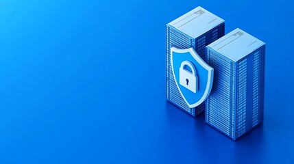 Fototapeta premium Data Protection and Security Concept Represented by Server Towers and Shield Icon on Blue Background