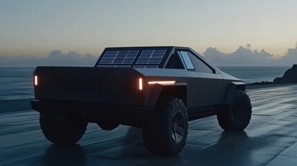 Futuristic electric vehicle on coastal road at sunset