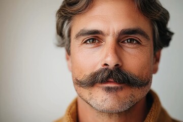 Obraz premium Mustachioed man with styled hair showcasing confidence against a neutral background in a casual setting