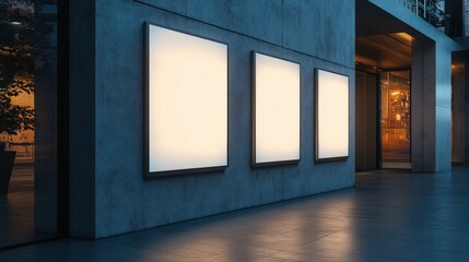 Blank Advertising Panels on Modern Building Wall in Urban Setting Ideal for Business Promotions and Creative Mockups