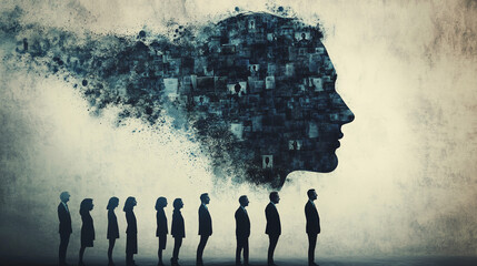 A surreal conceptual image of people standing in line forming a digital human head made of fragmented images symbolizing collective identity and data
