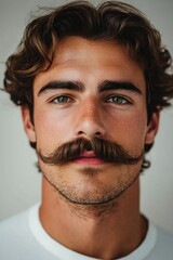 Obraz premium Stylish young man with a prominent mustache and curly hair poses in a close-up portrait against a neutral background