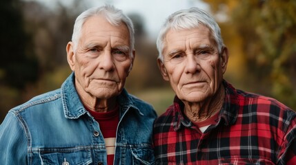 Two elderly twin brothers stand closely together in an outdoor setting, embodying familial bond and shared history. Their expressions reflect wisdom and resilience, set against a natural backdrop