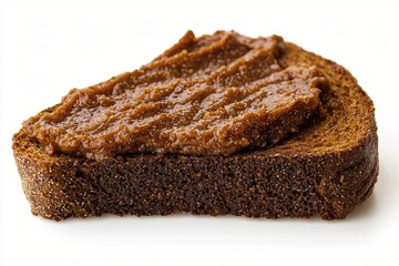 Slice of Dark Rye Bread Topped with Savory Spread on White Background Delicious and Rustic