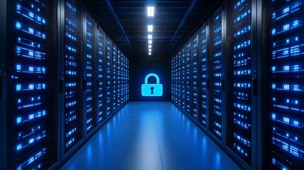 Fototapeta premium Digital Data Center with Secure Storage Systems and Blue Lock Icon Illustrating Cybersecurity Protection
