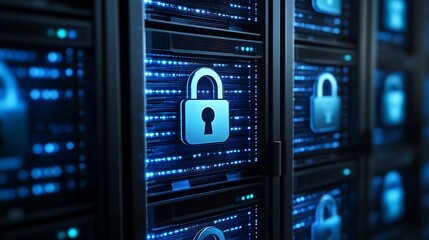 Obraz premium Digital Data Security Concept with Lock Symbol on Server Background in High-Tech Environment