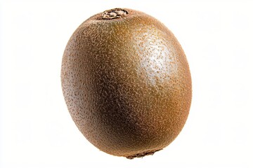 Single kiwi fruit on white background showing texture and detail of the hairy skin