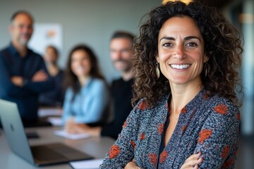 Confident female entrepreneur leads a diverse team meeting in a modern office setting. Her leadership inspires collaboration and innovation among team members focused on business growth